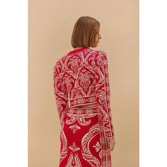 Farm Rio Red & Off White Tropical Jacquard Knit Cardigan Sweater Size XLarge - Picture 2 of 4